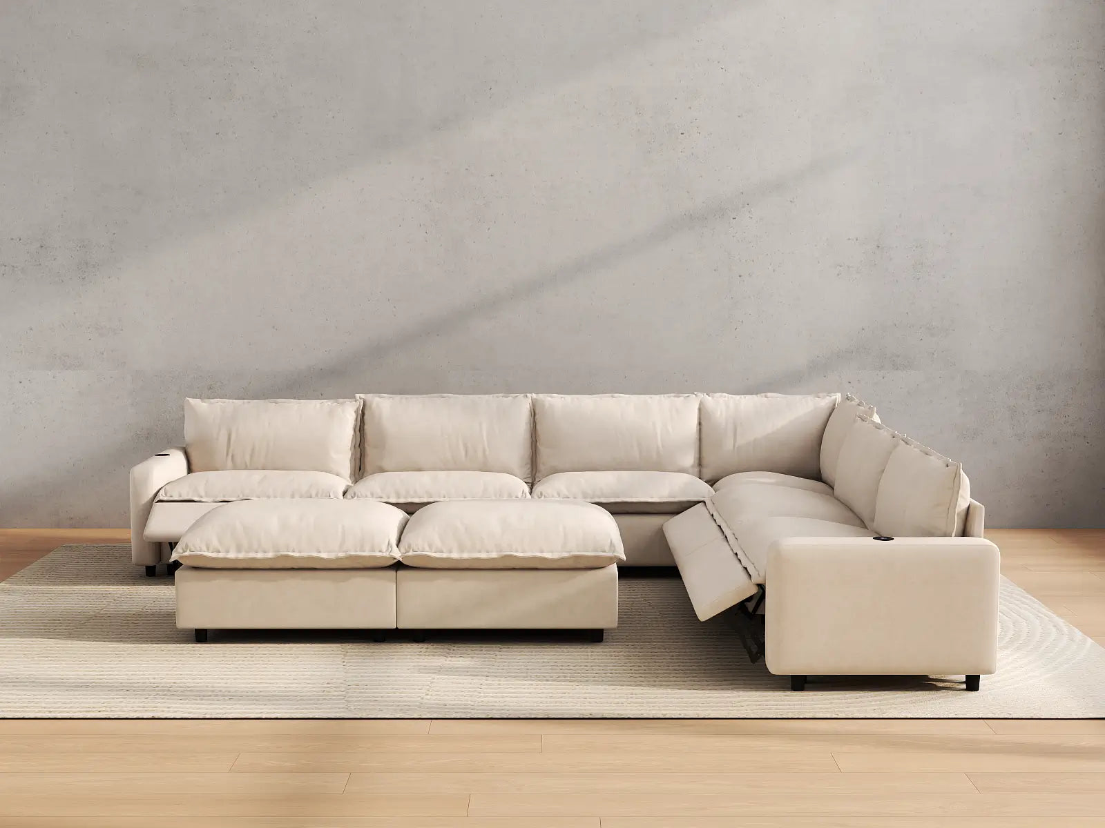 Modular Cero Reclining Sofa and Recliner Set | 8-Piece Beige Linen Open Space Sofa Sets 6-Seater with 2-Ottomans