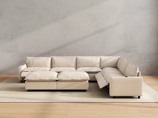 Modular Cero Reclining Sectionals | 8-Piece Beige Linen Open Space Sofa Sets 6-Seater with 2-Ottomans