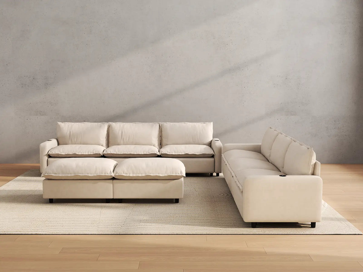 Modular Cero Reclining Sectionals | 8-Piece Beige Linen Open Space Sofa Sets 6-Seater with 2-Ottomans