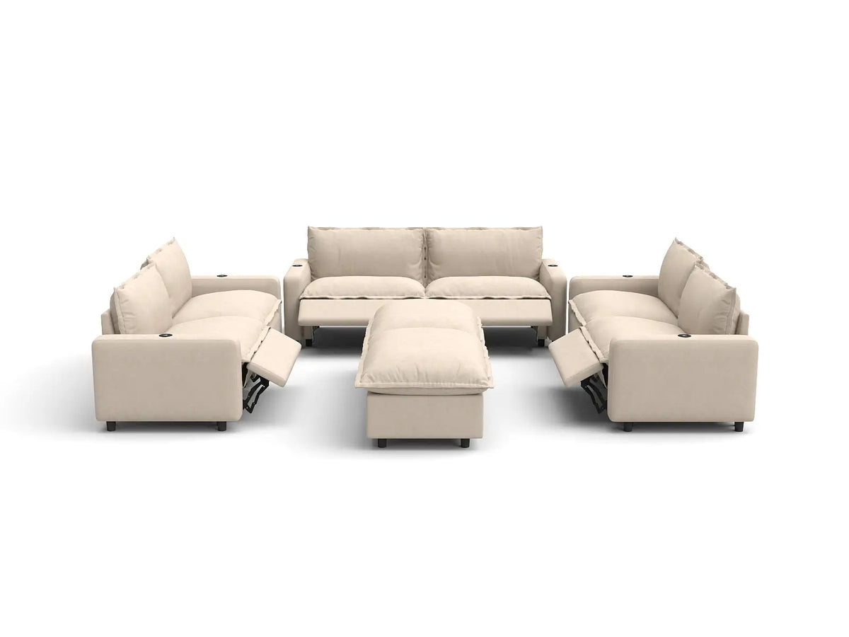 Modular Cero Reclining Sectionals | 8-Piece Beige Linen Open Space Sofa Sets 6-Seater with 2-Ottomans