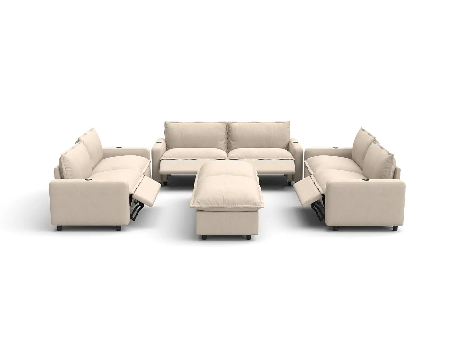 Modular Cero Reclining Sectionals | 8-Piece Beige Linen Open Space Sofa Sets 6-Seater with 2-Ottomans