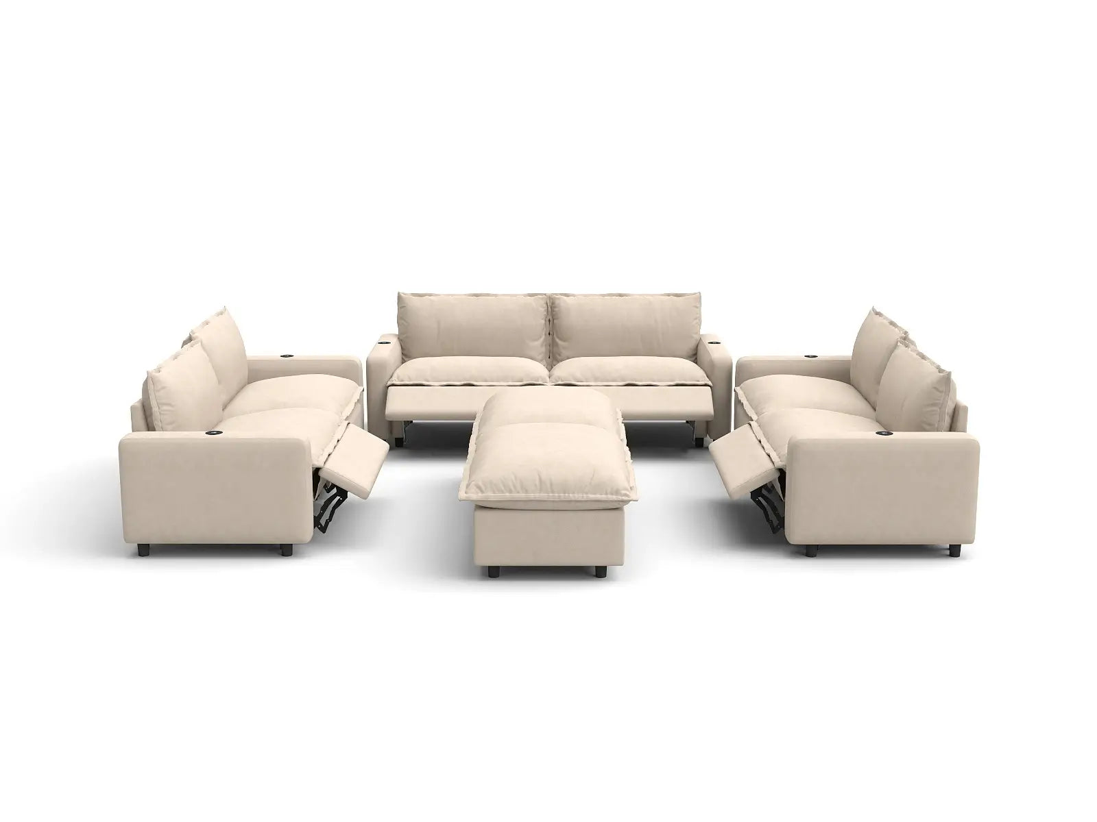 Modular Cero Sofa Set with Recliner | 8-Piece Beige Linen Open Space Sofa Sets 6-Seater with 2-Ottomans