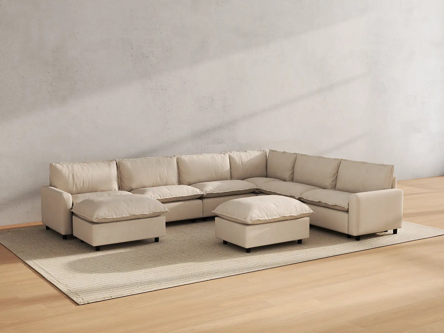 Modular Cero Modular Sectionals | 8-Piece Beige Linen Open Space Sofa Sets 6-Seater with 2-Ottomans