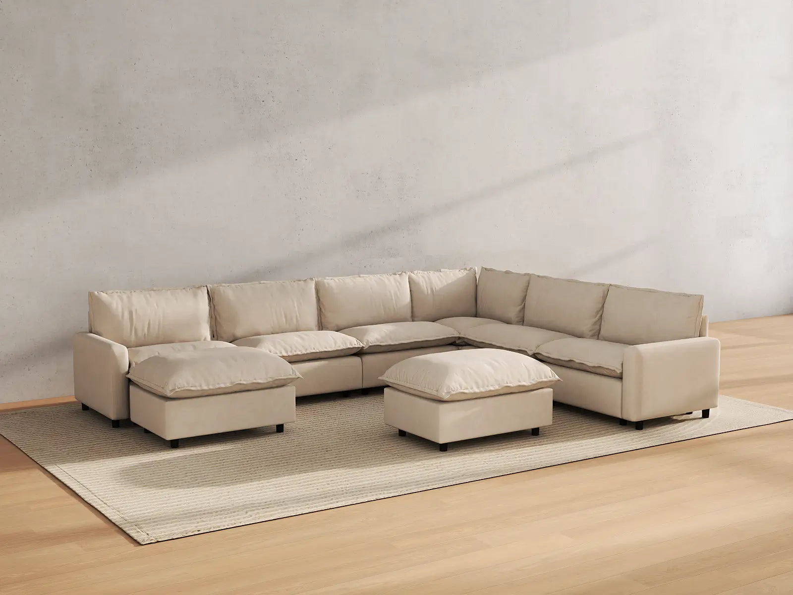 Modular Cero Modular Sectionals | 8-Piece Beige Linen Open Space Sofa Sets 6-Seater with 2-Ottomans