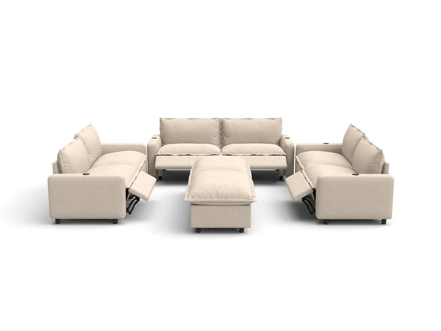 Modular Cero Reclining Sectionals | 8-Piece Beige Linen Open Space Sofa Sets 6-Seater with 2-Ottomans
