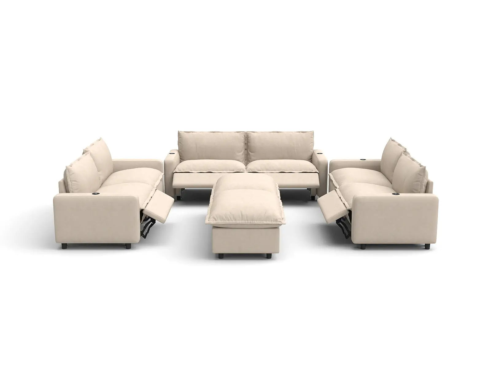 Modular Cero Reclining Sectionals | 8-Piece Beige Linen Open Space Sofa Sets 6-Seater with 2-Ottomans