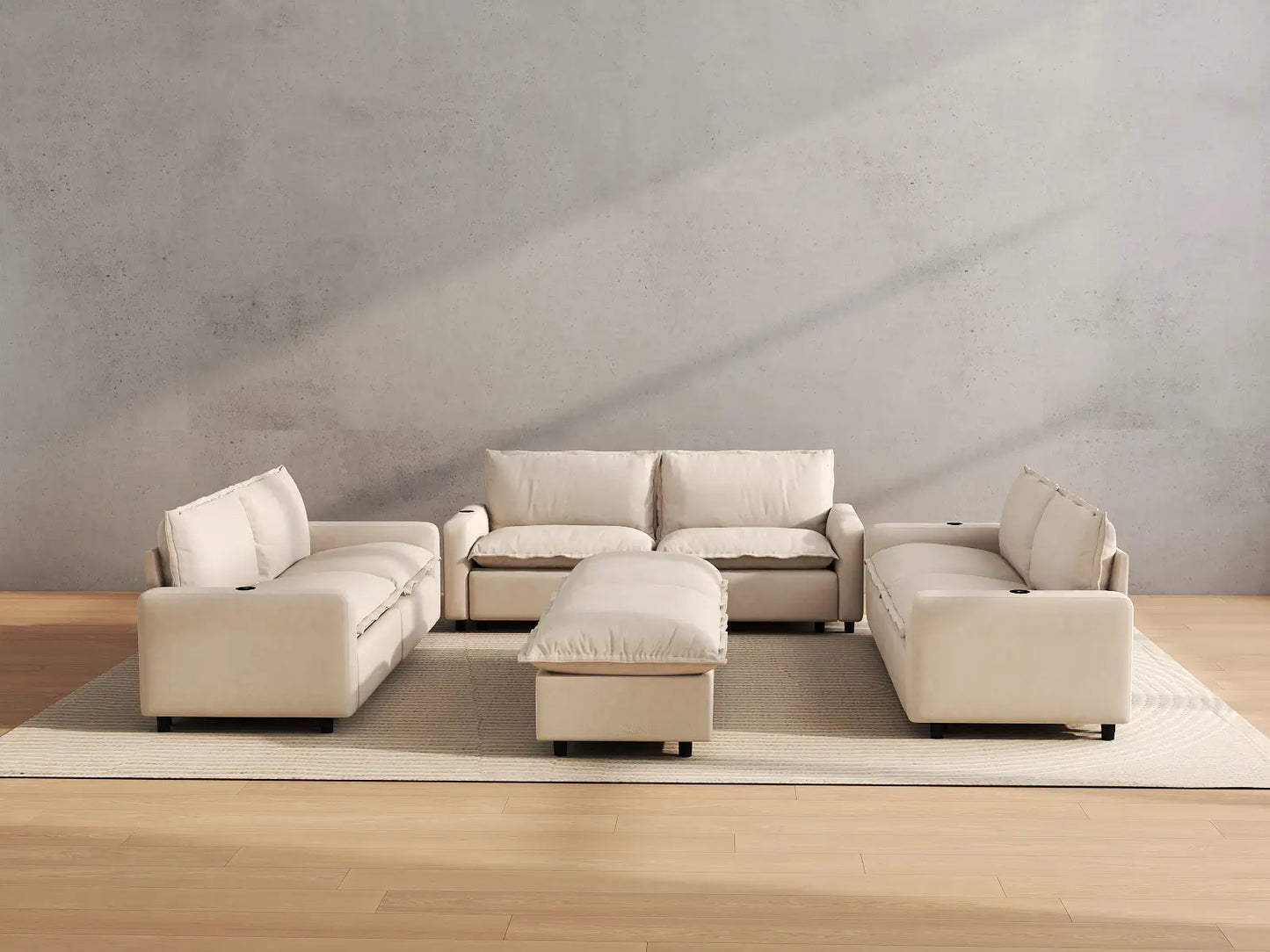 Modular Cero Reclining Sectionals | 8-Piece Beige Linen Open Space Sofa Sets 6-Seater with 2-Ottomans