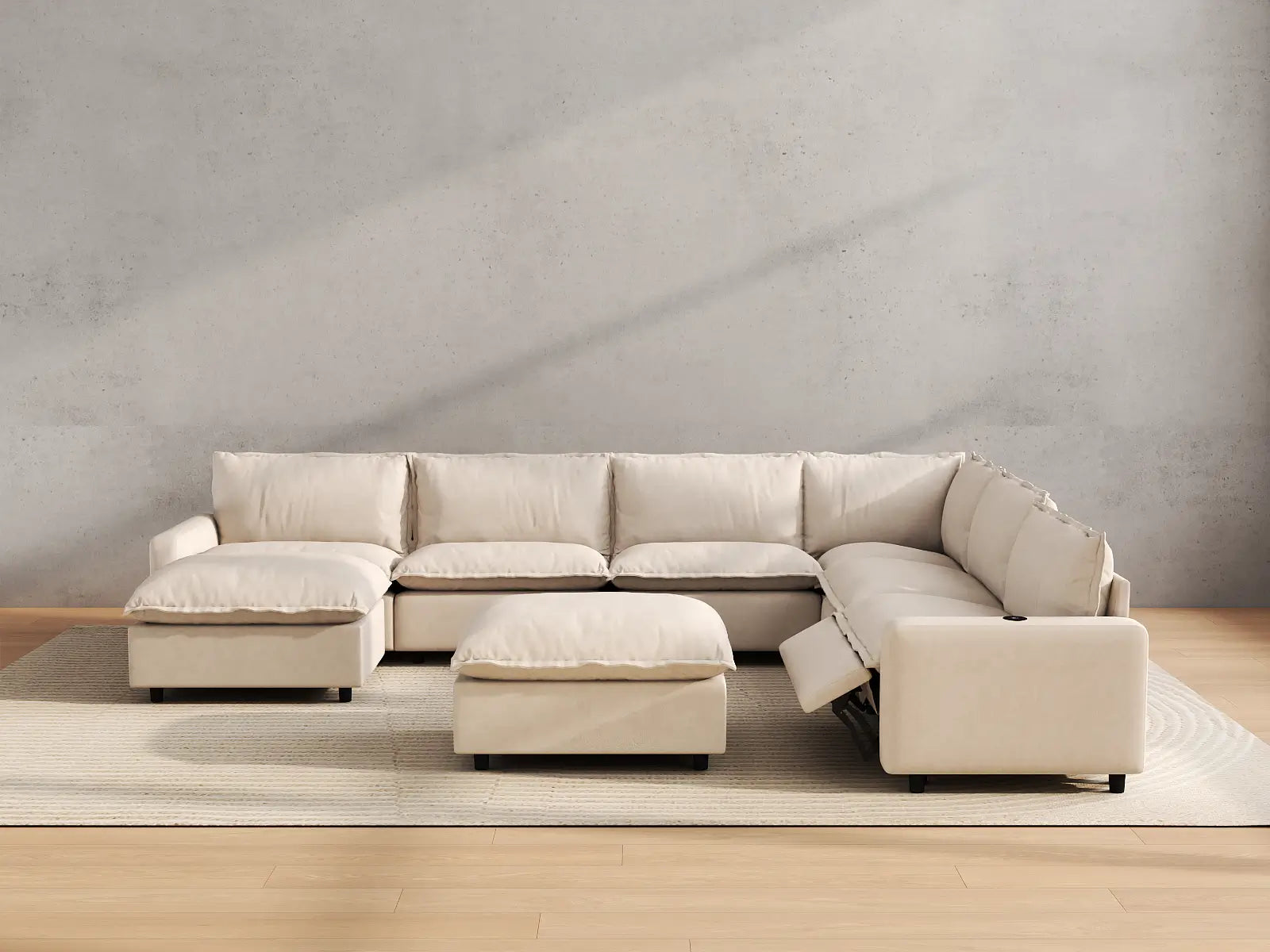 Modular Cero Sofa Recliner Set | 8-Piece Beige Linen Open Space Sofa Sets 6-Seater with 2-Ottomans