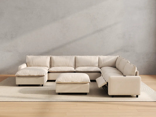 Modular Cero Reclining Sectionals | 8-Piece Beige Linen Open Space Sofa Sets 6-Seater with 2-Ottomans
