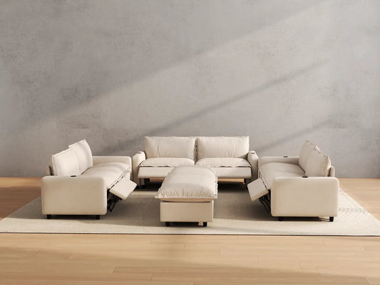 Modular Cero Reclining Sectionals | 8-Piece Beige Linen Open Space Sofa Sets 6-Seater with 2-Ottomans