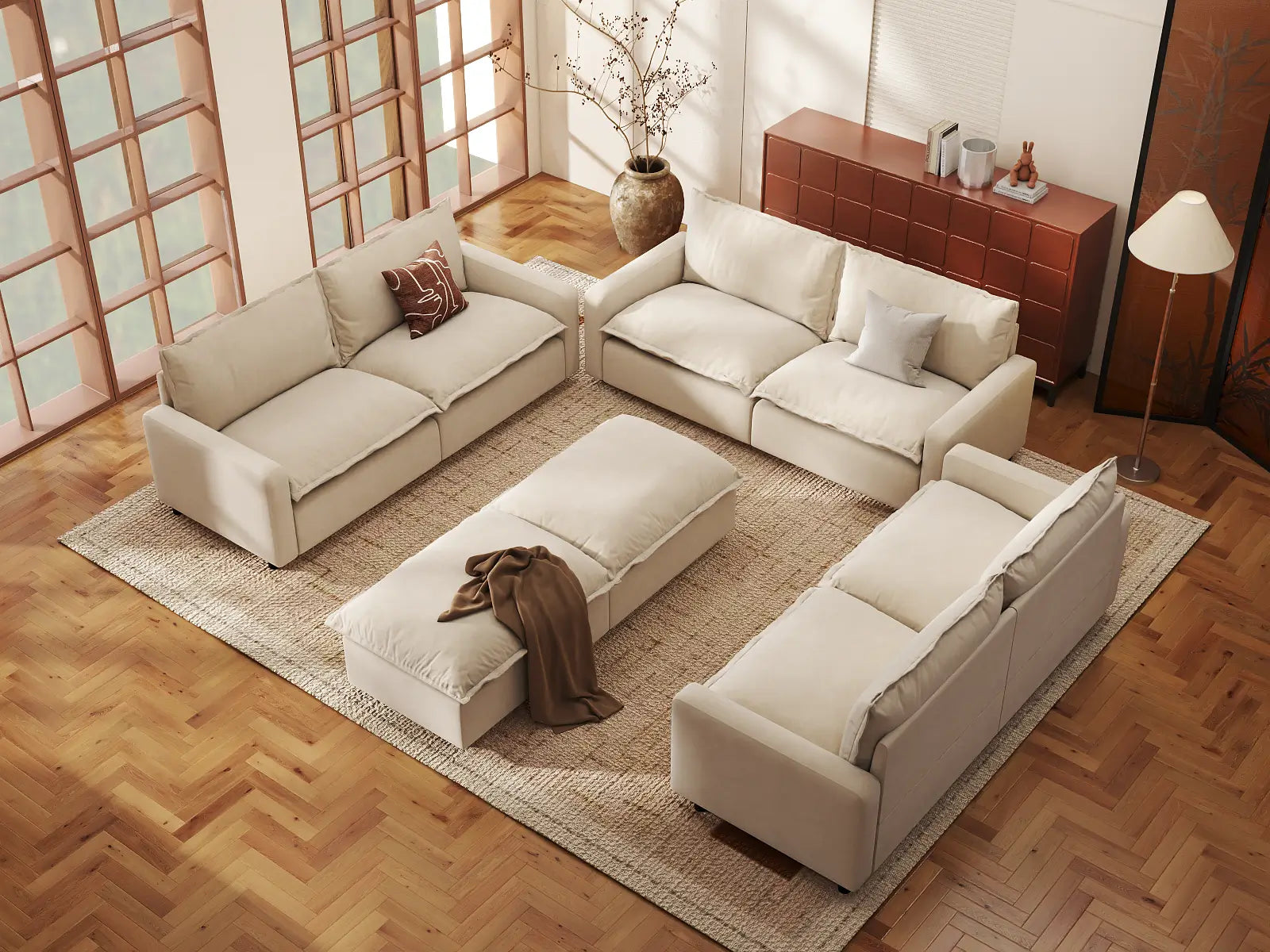 Modular Cero Modular Sectionals | 8-Piece Beige Linen Open Space Sofa Sets 6-Seater with 2-Ottomans
