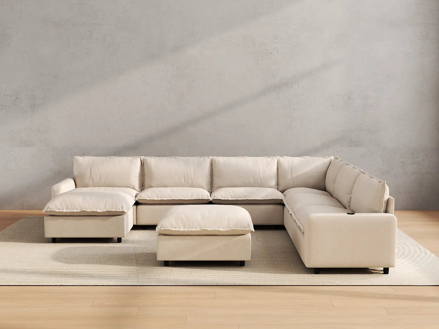 Modular Cero Sofa Recliner Set | 8-Piece Beige Linen Open Space Sofa Sets 6-Seater with 2-Ottomans