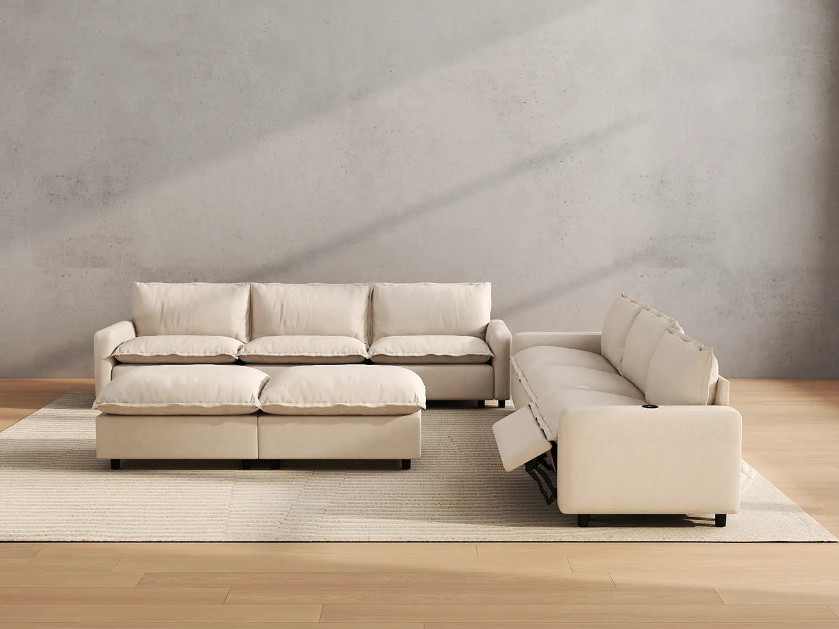 Modular Cero Reclining Sectionals | 8-Piece Beige Linen Open Space Sofa Sets 6-Seater with 2-Ottomans