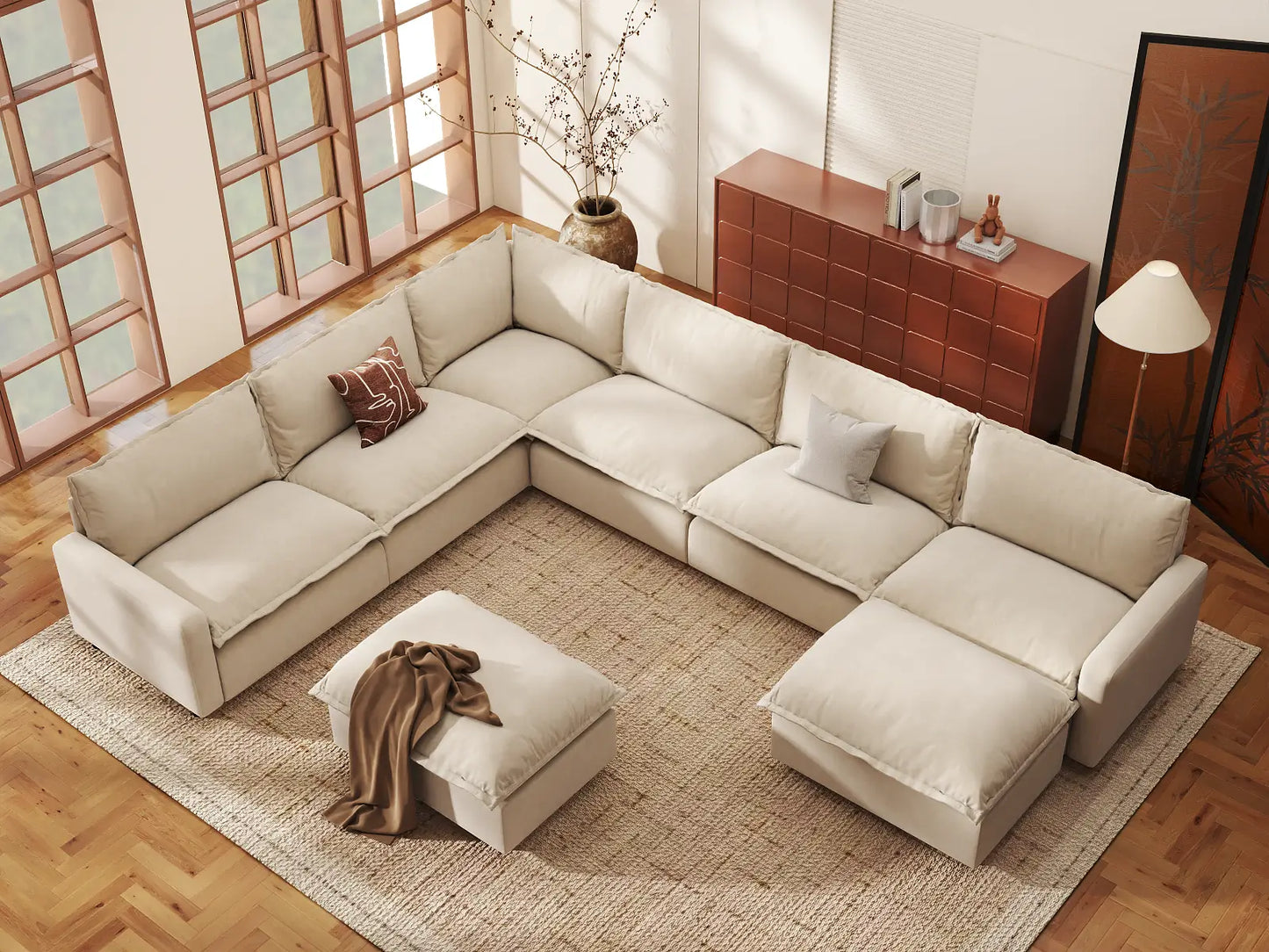 Modular Cero Modular Sectionals | 8-Piece Beige Linen Open Space Sofa Sets 6-Seater with 2-Ottomans