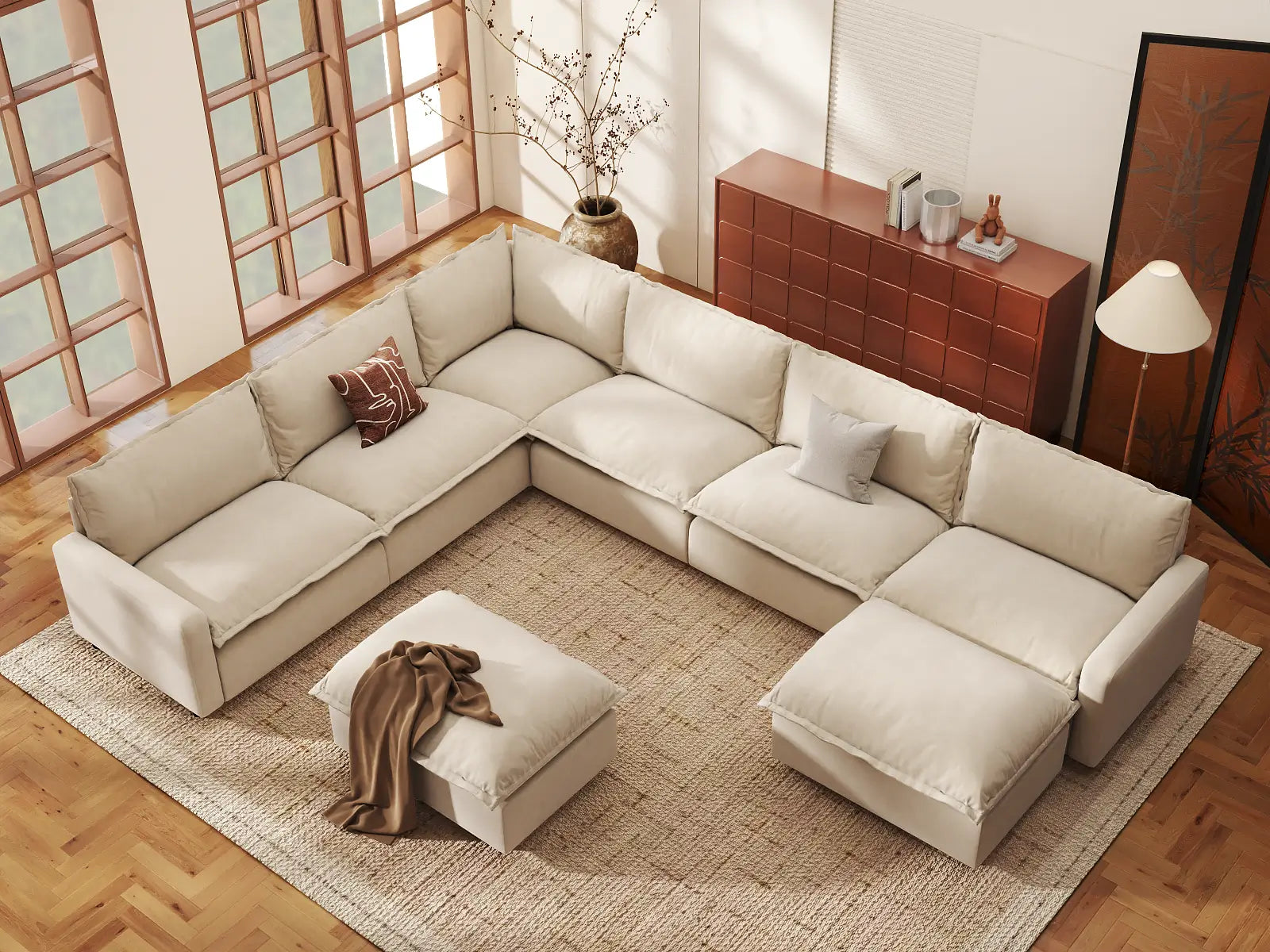 Modular Cero Modular Sectionals | 8-Piece Beige Linen Open Space Sofa Sets 6-Seater with 2-Ottomans