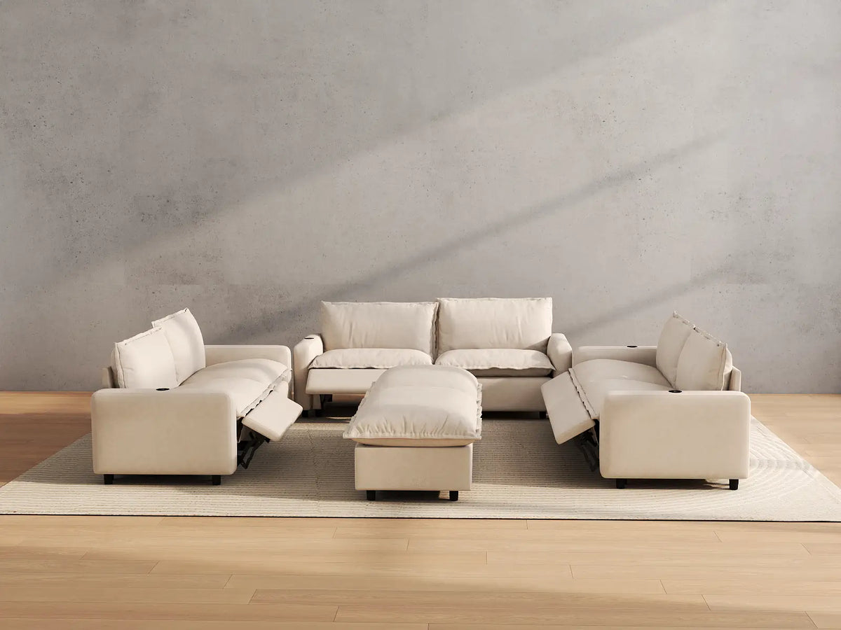 Modular Cero Reclining Sectionals | 8-Piece Beige Linen Open Space Sofa Sets 6-Seater with 2-Ottomans
