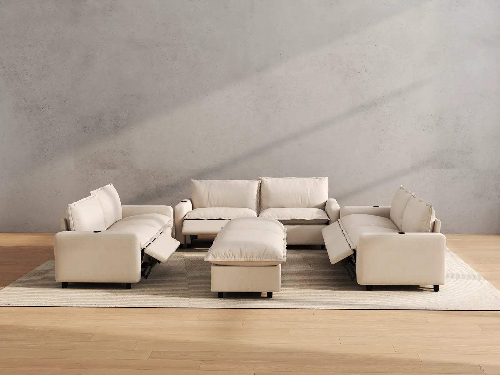 Modular Cero Reclining Sectionals | 8-Piece Beige Linen Open Space Sofa Sets 6-Seater with 2-Ottomans