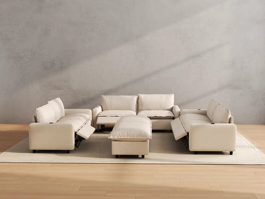 Modular Cero Reclining Sectionals | 8-Piece Beige Linen Open Space Sofa Sets 6-Seater with 2-Ottomans