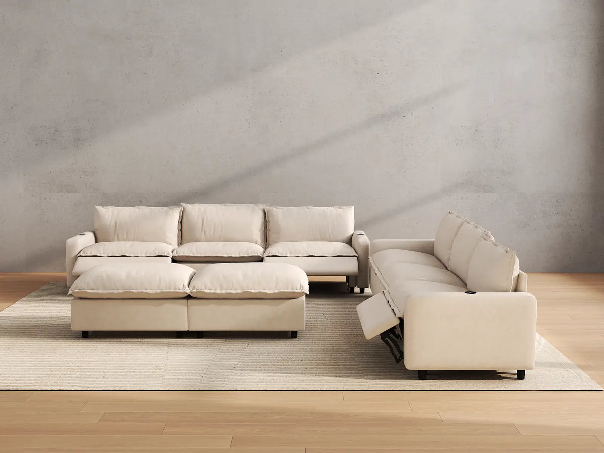 Modular Cero Reclining Sectionals | 8-Piece Beige Linen Open Space Sofa Sets 6-Seater with 2-Ottomans