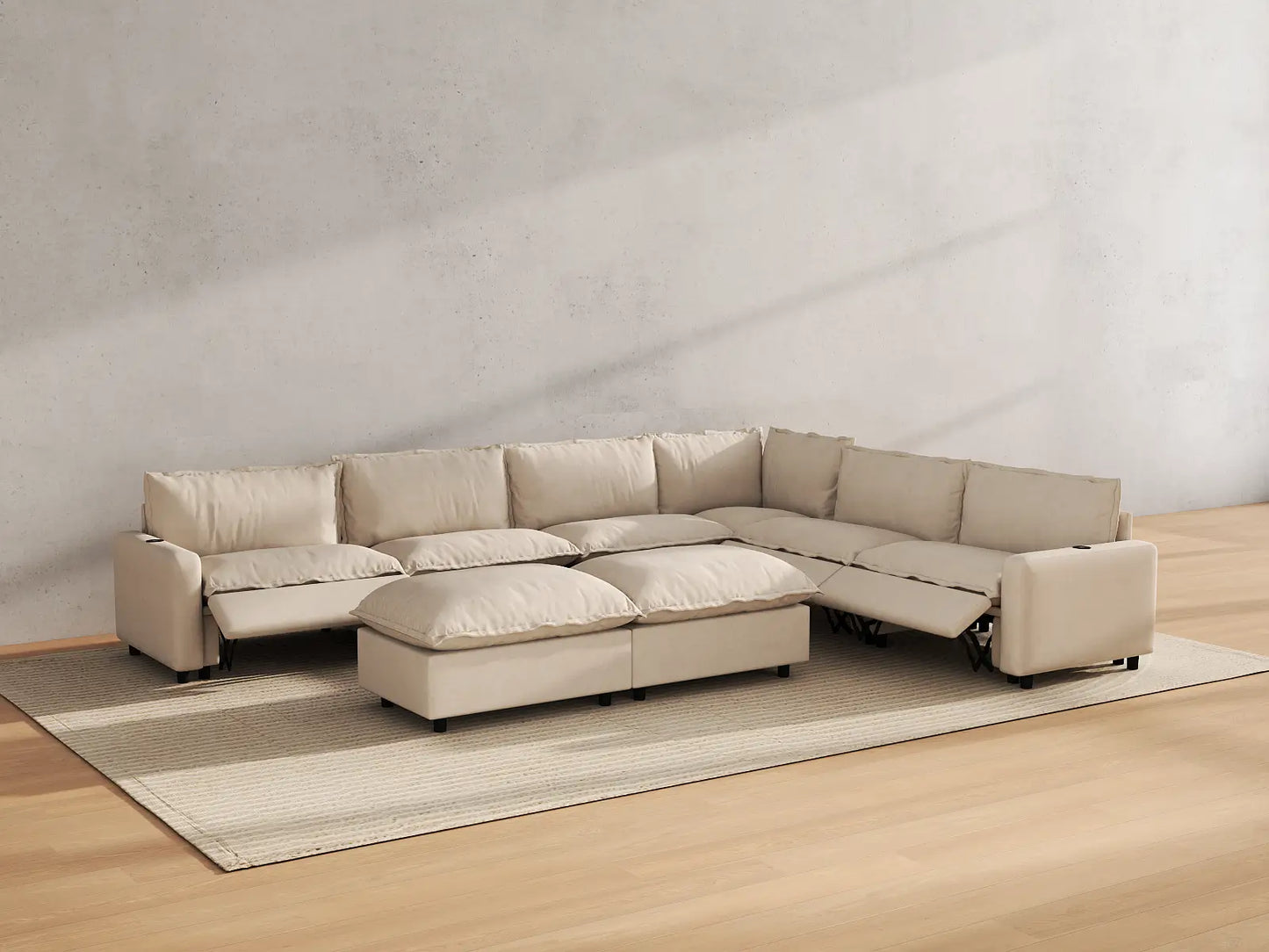 Modular Cero Reclining Sofa and Recliner Set | 8-Piece Beige Linen Open Space Sofa Sets 6-Seater with 2-Ottomans