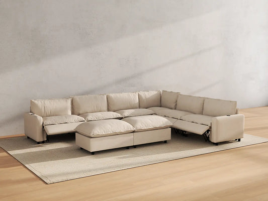 Modular Cero Reclining Sectionals | 8-Piece Beige Linen Open Space Sofa Sets 6-Seater with 2-Ottomans