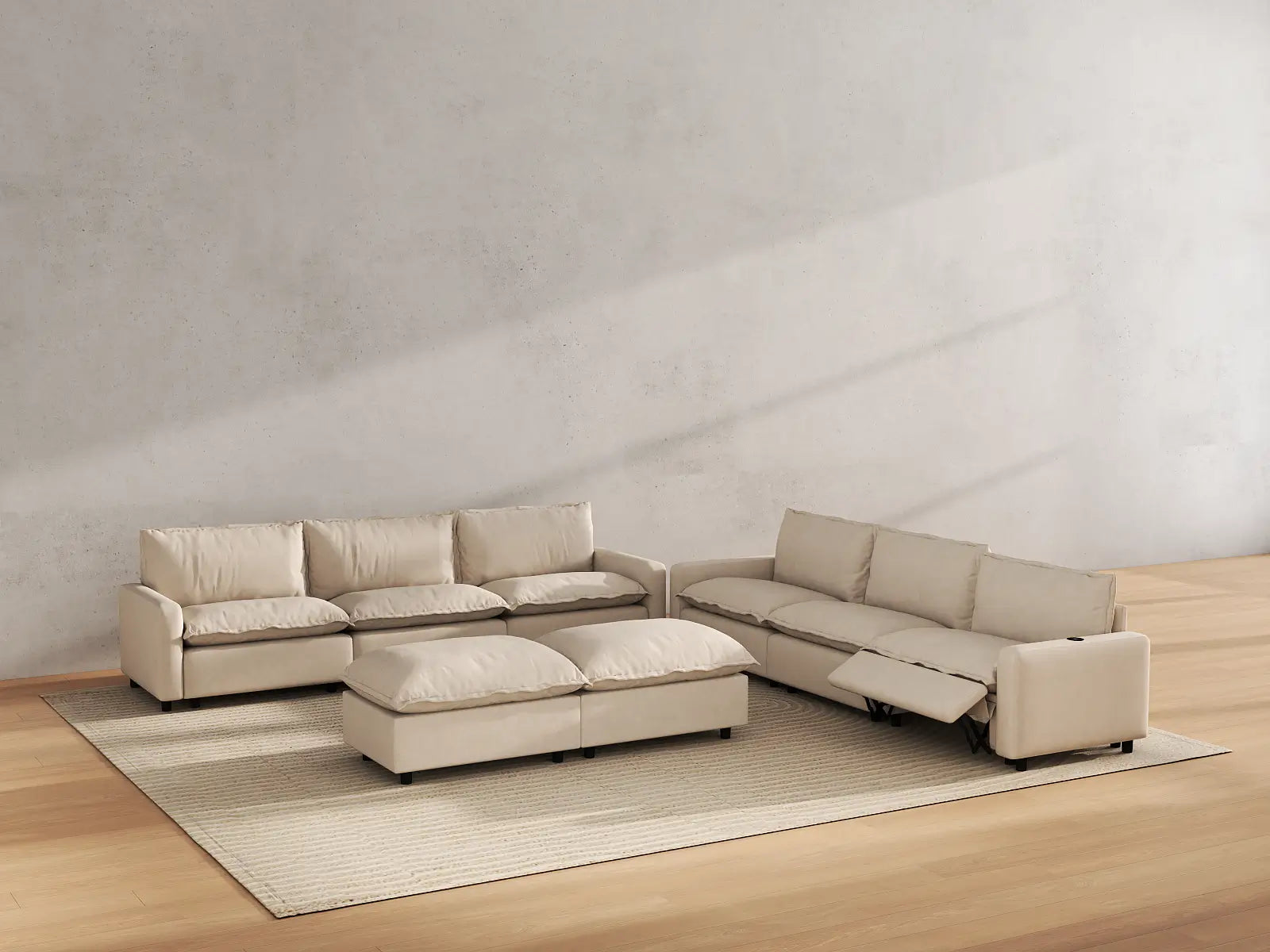 Modular Cero Power Recliner Sofa Set | 8-Piece Beige Linen Open Space Sofa Sets 6-Seater with 2-Ottomans