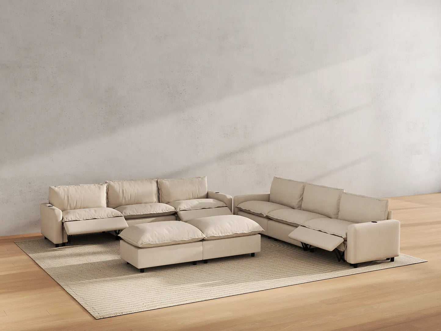 Modular Cero Reclining Sectionals | 8-Piece Beige Linen Open Space Sofa Sets 6-Seater with 2-Ottomans