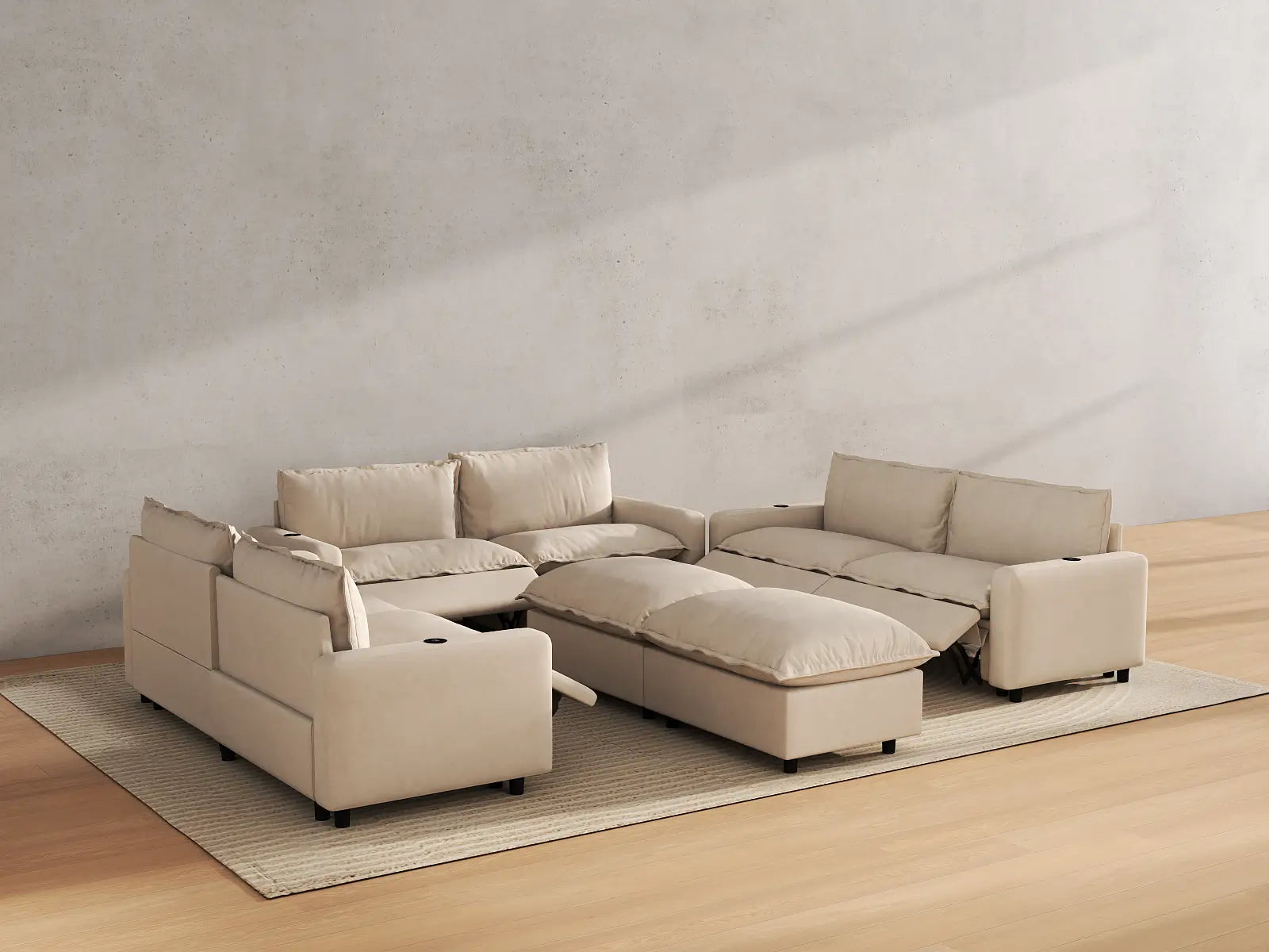 Modular Cero Reclining Sectionals | 8-Piece Beige Linen Open Space Sofa Sets 6-Seater with 2-Ottomans