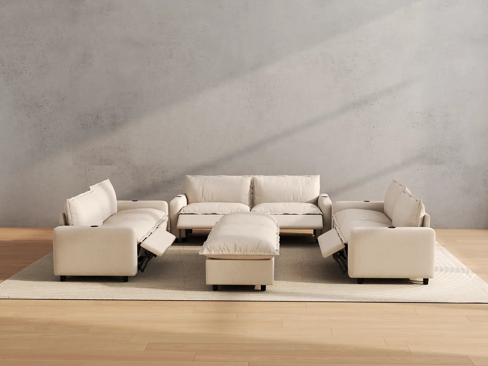 Modular Cero Sofa Set with Recliner | 8-Piece Beige Linen Open Space Sofa Sets 6-Seater with 2-Ottomans