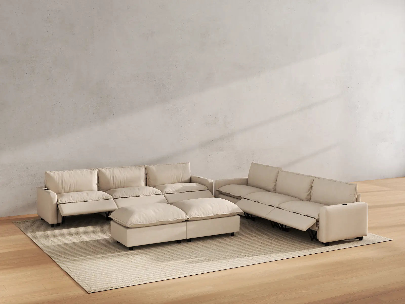Modular Cero Power Reclining Sofa Set on Sale | 8-Piece Beige Linen Open Space Sofa Sets 6-Seater with 2-Ottomans