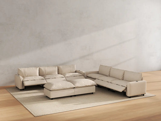 Modular Cero Reclining Sectionals | 8-Piece Beige Linen Open Space Sofa Sets 6-Seater with 2-Ottomans