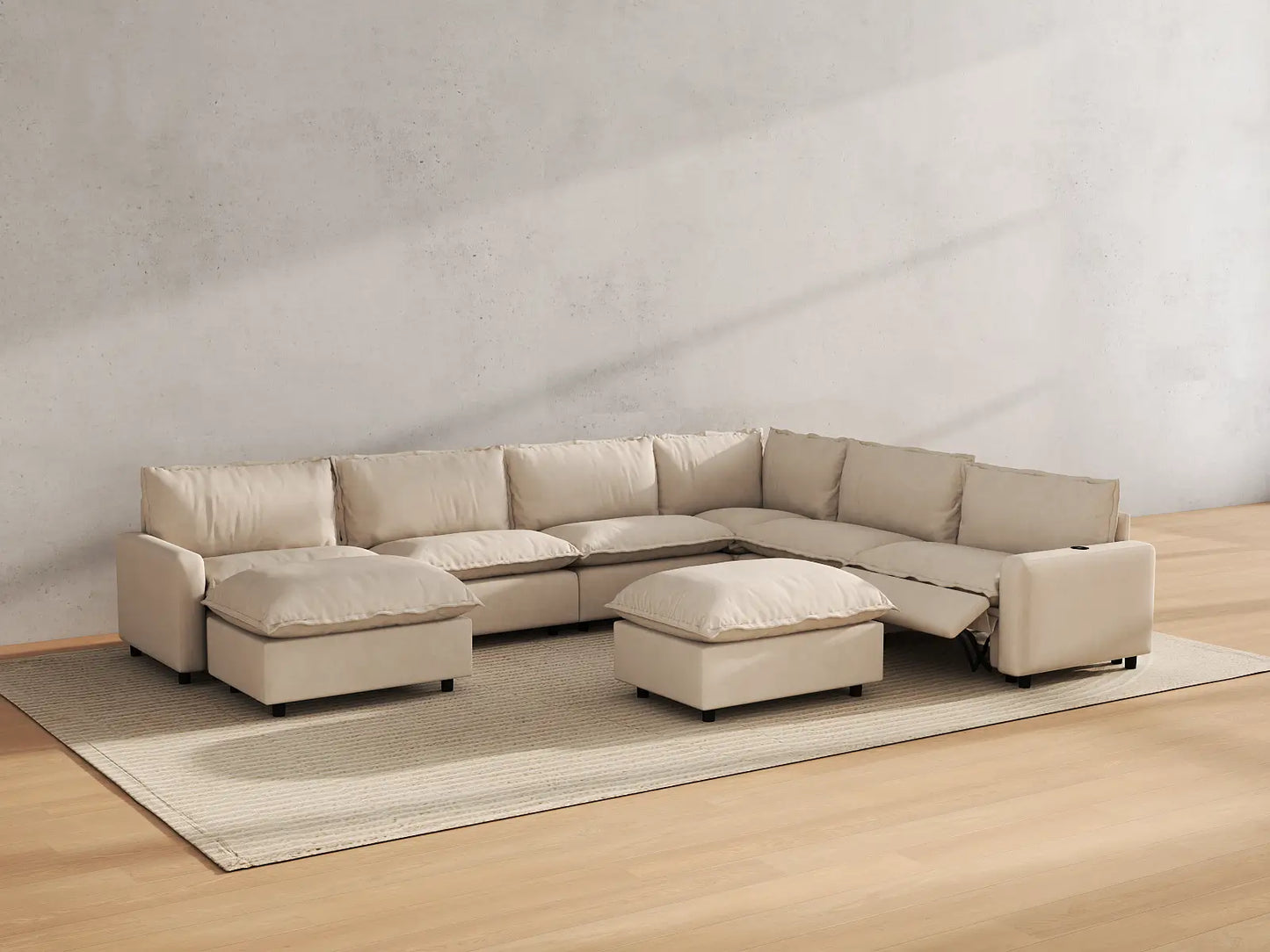 Modular Cero Sofa Recliner Set | 8-Piece Beige Linen Open Space Sofa Sets 6-Seater with 2-Ottomans