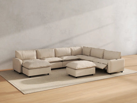 Modular Cero Reclining Sectionals | 8-Piece Beige Linen Open Space Sofa Sets 6-Seater with 2-Ottomans
