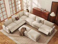 Modular Cero Reclining Sofa and Recliner Set | 8-Piece Beige Linen Open Space Sofa Sets 6-Seater with 2-Ottomans