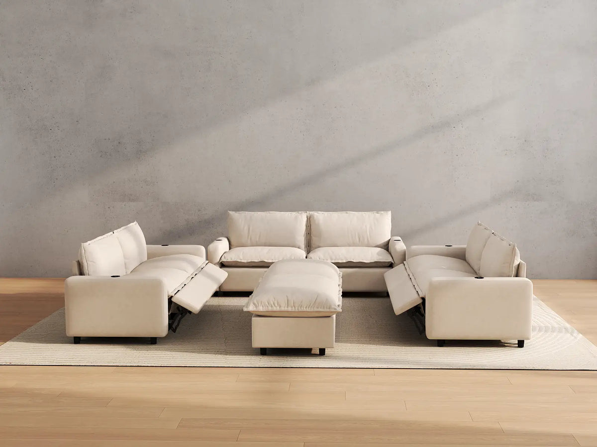 Modular Cero Reclining Sectionals | 8-Piece Beige Linen Open Space Sofa Sets 6-Seater with 2-Ottomans