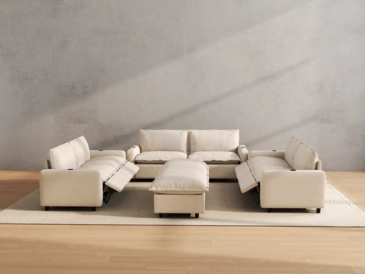 Modular Cero Reclining Sectionals | 8-Piece Beige Linen Open Space Sofa Sets 6-Seater with 2-Ottomans