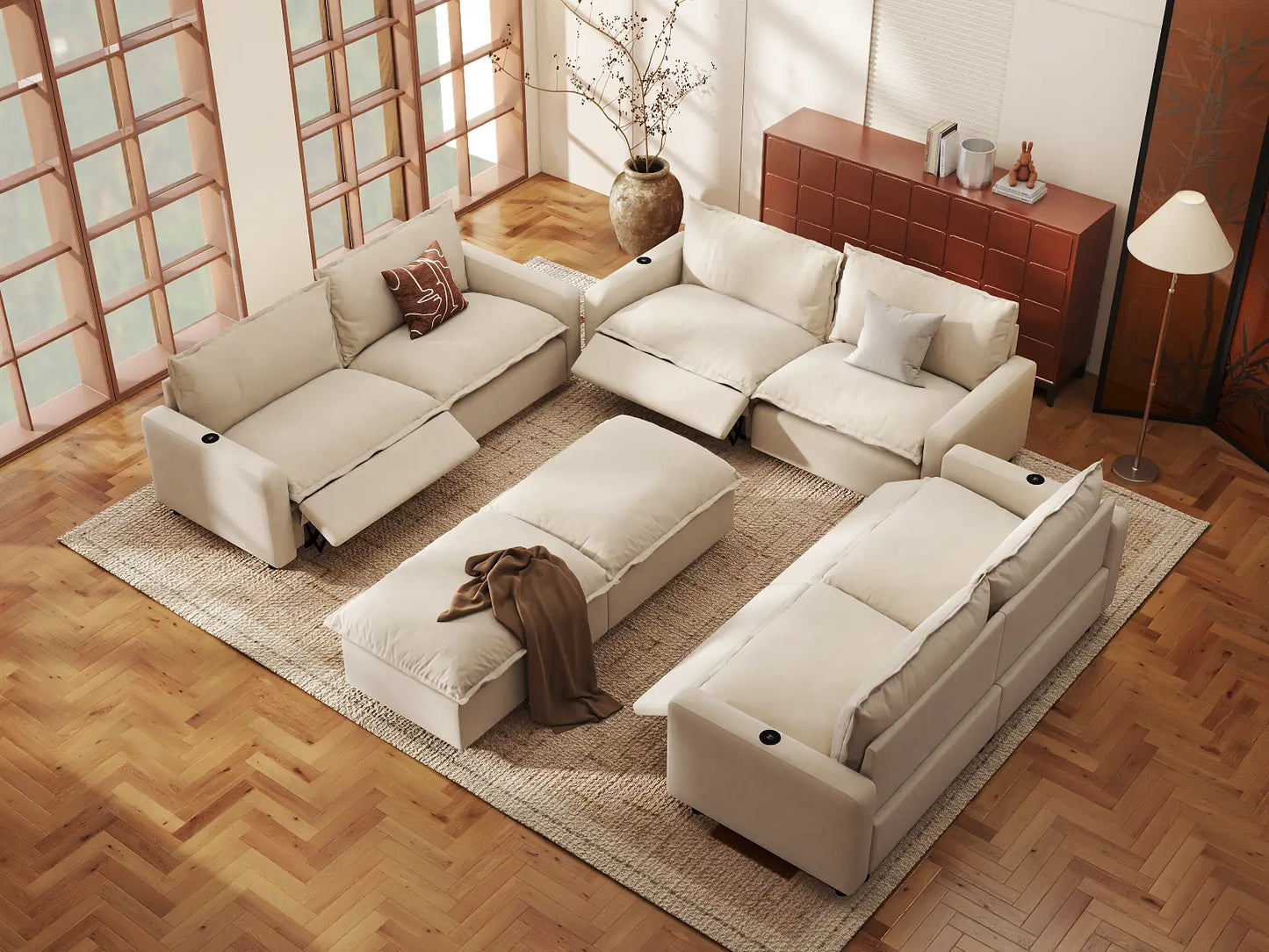 Modular Cero Reclining Sectionals | 8-Piece Beige Linen Open Space Sofa Sets 6-Seater with 2-Ottomans