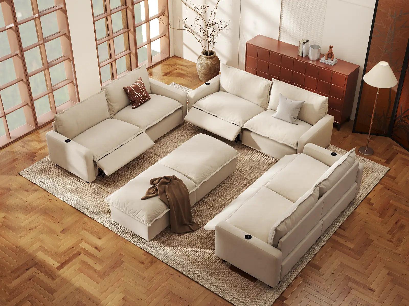 Modular Cero Reclining Sectionals | 8-Piece Beige Linen Open Space Sofa Sets 6-Seater with 2-Ottomans