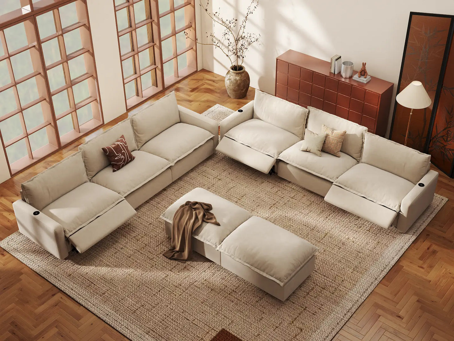 Modular Cero Reclining Sectionals | 8-Piece Beige Linen Open Space Sofa Sets 6-Seater with 2-Ottomans