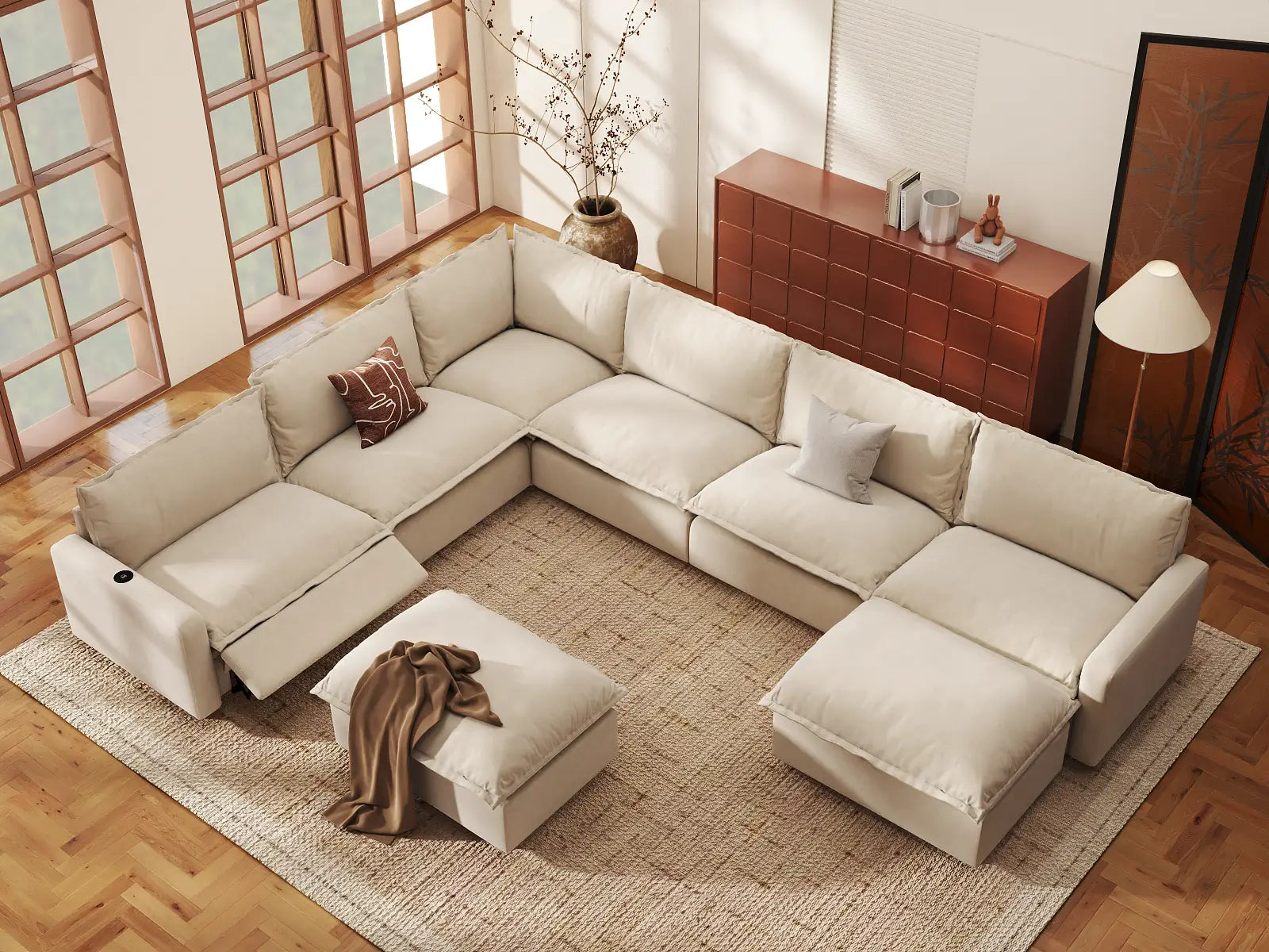 Modular Cero Sofa Recliner Set | 8-Piece Beige Linen Open Space Sofa Sets 6-Seater with 2-Ottomans