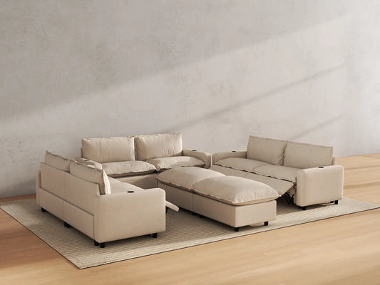 Modular Cero Reclining Sectionals | 8-Piece Beige Linen Open Space Sofa Sets 6-Seater with 2-Ottomans