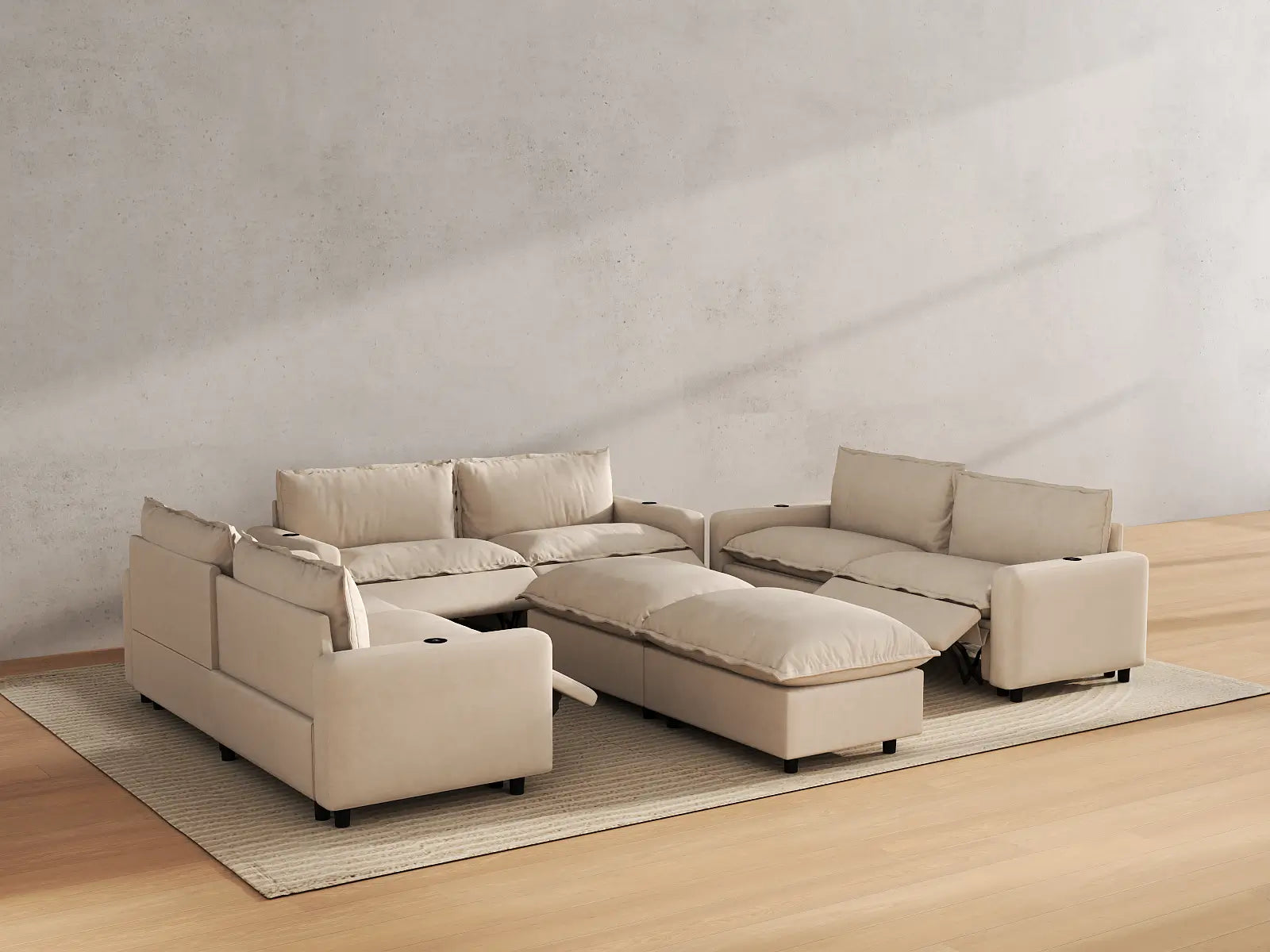 Modular Cero Reclining Sectionals | 8-Piece Beige Linen Open Space Sofa Sets 6-Seater with 2-Ottomans