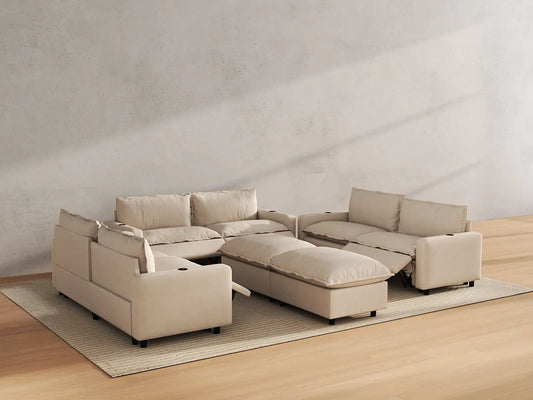 Modular Cero Reclining Sectionals | 8-Piece Beige Linen Open Space Sofa Sets 6-Seater with 2-Ottomans