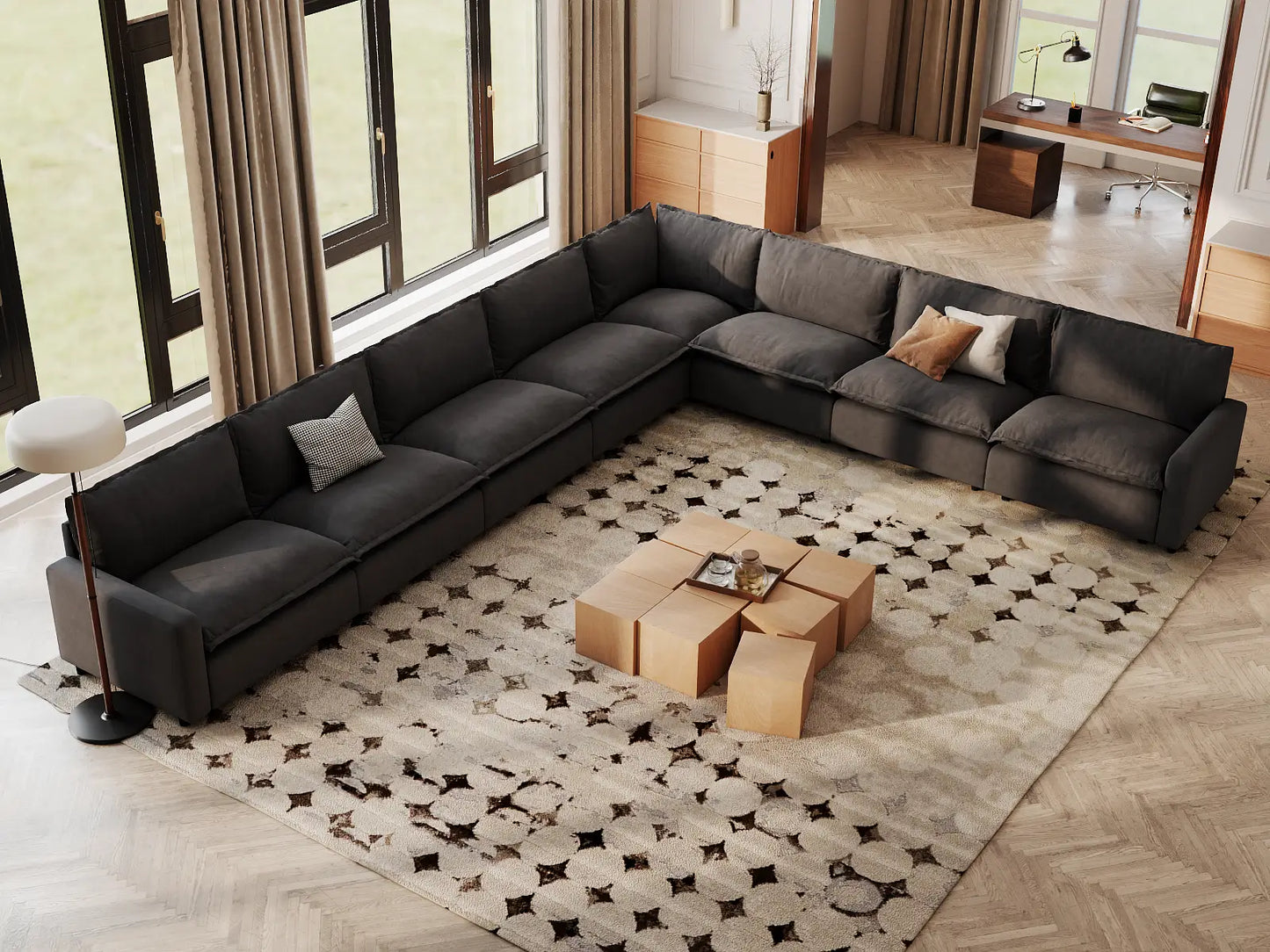Modular Cero Modular Sectionals | 8-Piece Grey Linen Grand Estate V-Shaped Sectionals 8-Seater