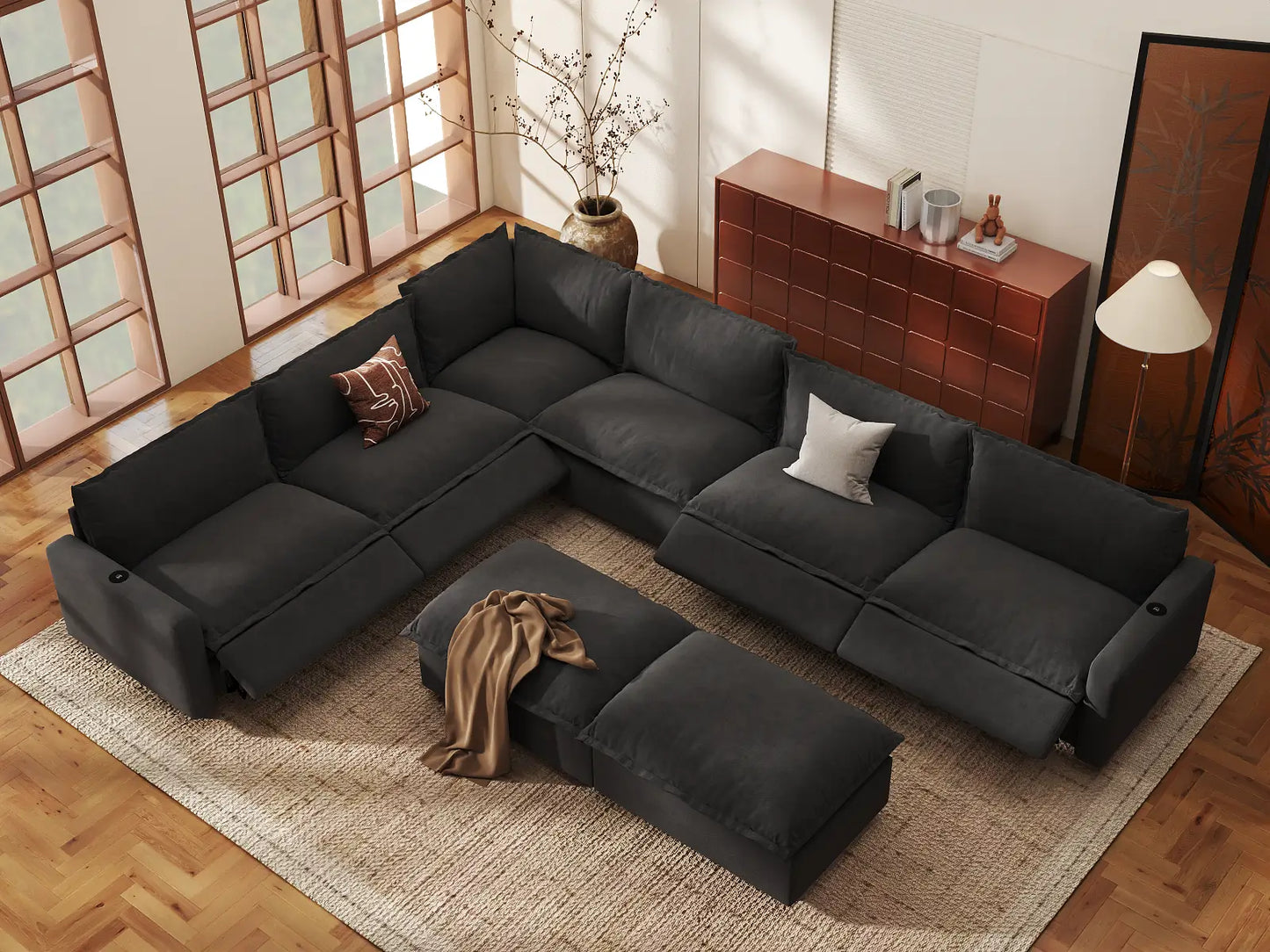 Modular Cero Reclining Sectionals | 8-Piece Grey Linen Open Plan Sofa Sets 6-Seater with 2-Ottomans