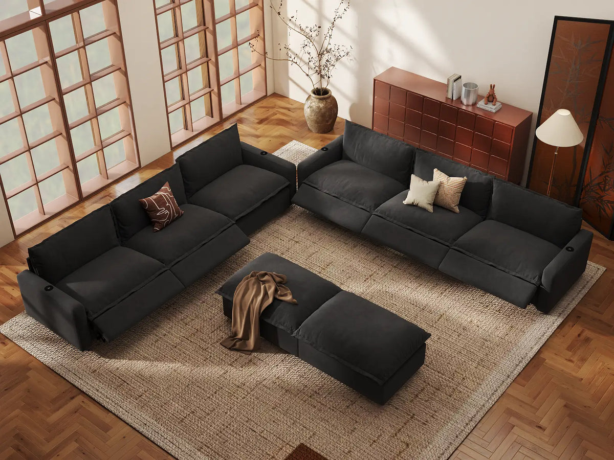Modular Cero Reclining Sectionals | 8-Piece Grey Linen Open Plan Sofa Sets 6-Seater with 2-Ottomans