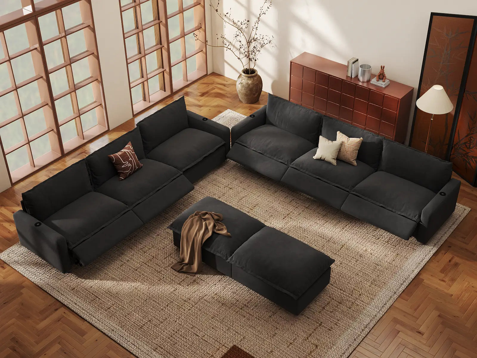 Modular Cero Reclining Sectionals | 8-Piece Grey Linen Open Plan Sofa Sets 6-Seater with 2-Ottomans