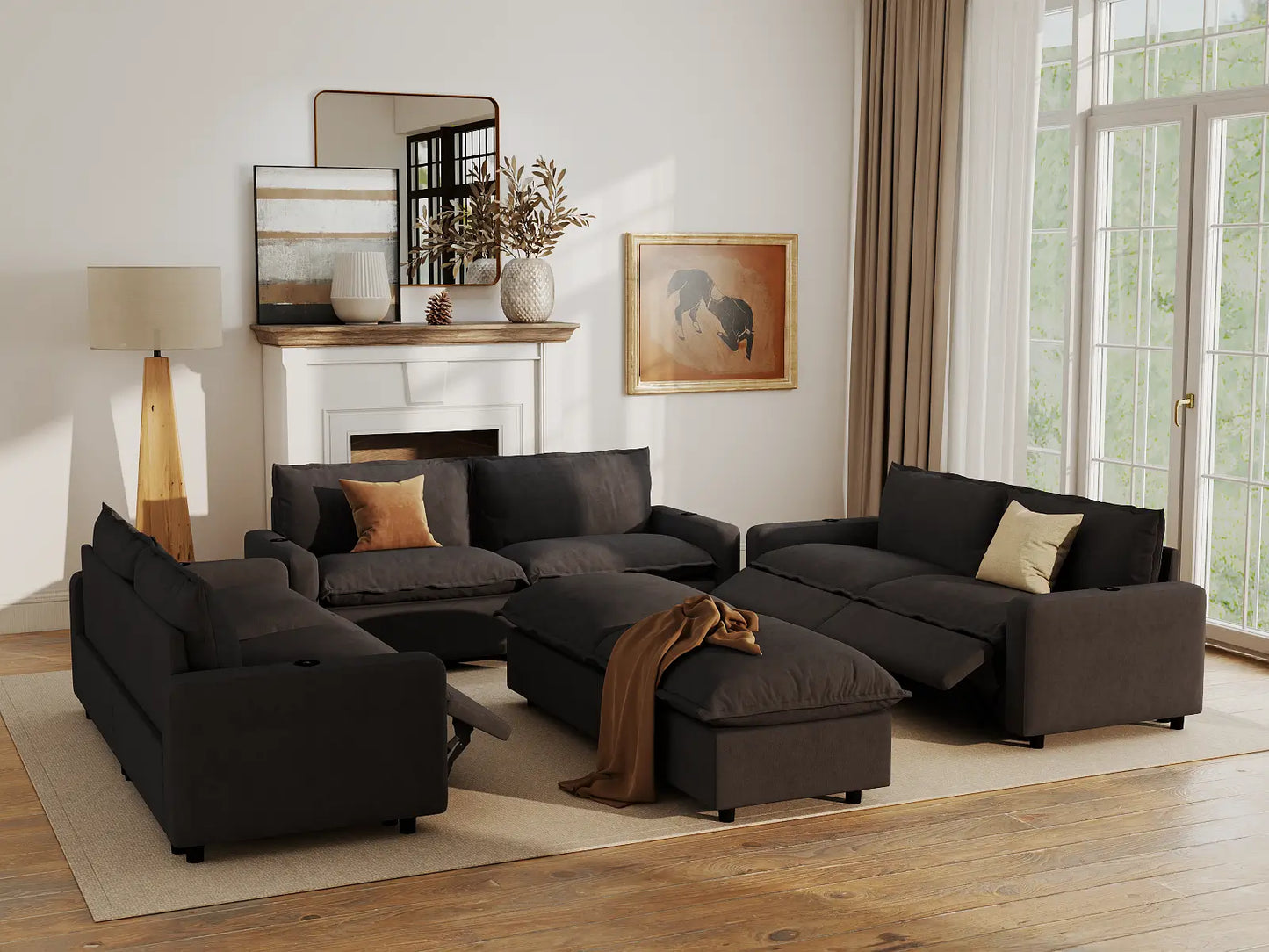 Modular Cero Reclining Sectionals | 8-Piece Grey Linen Open Plan Sofa Sets 6-Seater with 2-Ottomans