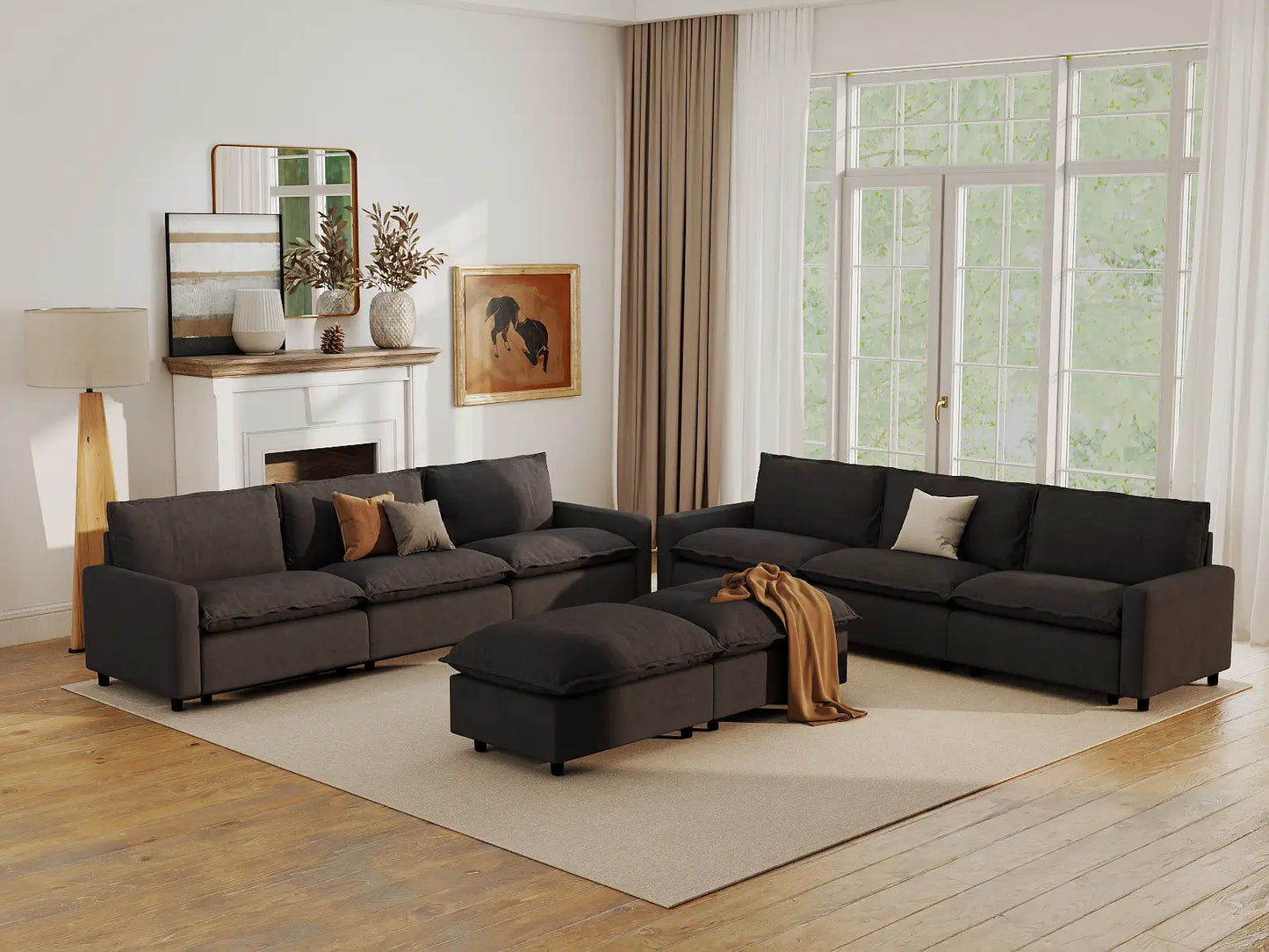 Modular Cero Modular Sectionals | 8-Piece Grey Linen Open Plan Sofa Sets 6-Seater with 2-Ottomans