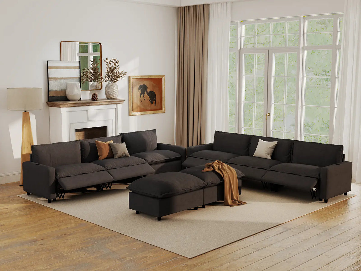 Modular Cero Reclining Sectionals | 8-Piece Grey Linen Open Plan Sofa Sets 6-Seater with 2-Ottomans